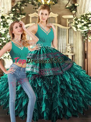 Turquoise Organza Backless Sweet 16 Quinceanera Dress Sleeveless Floor Length Appliques and Ruffles