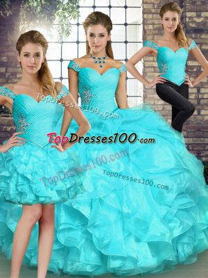 Beauteous Aqua Blue Three Pieces Off The Shoulder Sleeveless Organza Floor Length Lace Up Beading and Ruffles Sweet 16 Quinceanera Dress