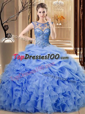 Scoop Sleeveless Lace Up 15 Quinceanera Dress Blue Organza