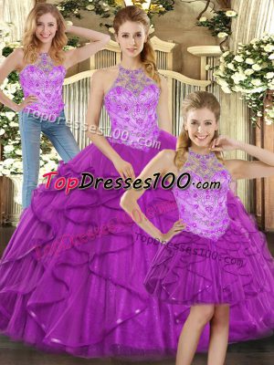 Unique Purple Sleeveless Beading and Ruffles Quinceanera Dress