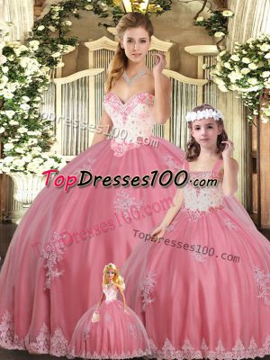 Clearance Watermelon Red Sweetheart Neckline Beading and Appliques Quinceanera Dress Sleeveless Lace Up
