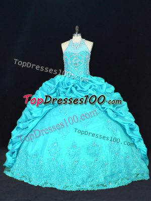 Aqua Blue Halter Top Neckline Beading and Appliques and Embroidery and Pick Ups Quinceanera Gown Sleeveless Lace Up