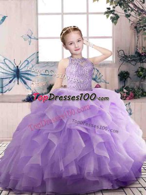 Lavender Sleeveless Beading and Ruffles Floor Length Kids Formal Wear