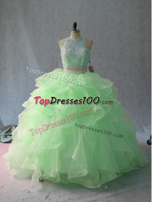 Stylish Apple Green Halter Top Neckline Beading and Ruffles Sweet 16 Dresses Sleeveless Backless