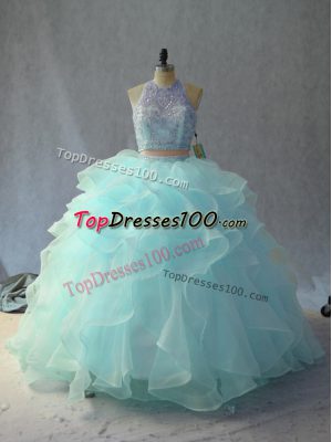 Floor Length Backless Sweet 16 Dress Light Blue for Sweet 16 and Quinceanera with Beading and Ruffles