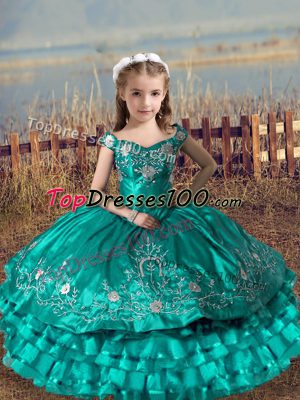 Simple Off The Shoulder Sleeveless Lace Up Little Girls Pageant Dress Wholesale Turquoise Satin and Organza