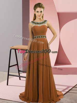 Fitting Scoop Sleeveless Prom Party Dress Brush Train Beading Brown Chiffon
