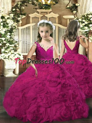Best Fuchsia Backless V-neck Beading Kids Pageant Dress Fabric With Rolling Flowers Sleeveless