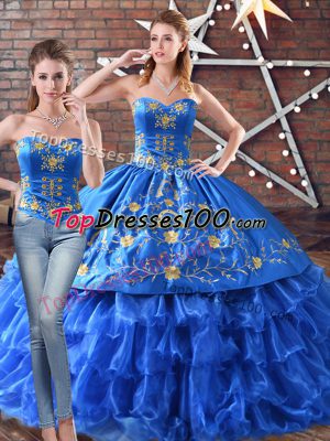 Floor Length Lace Up 15th Birthday Dress Blue for Sweet 16 and Quinceanera with Embroidery