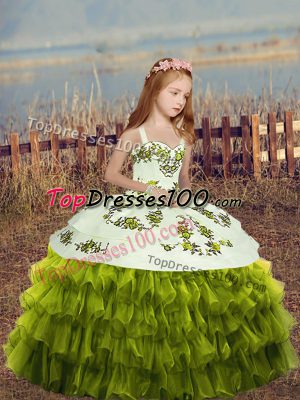 Green Ball Gowns Organza Straps Sleeveless Embroidery and Ruffled Layers Floor Length Lace Up Evening Gowns