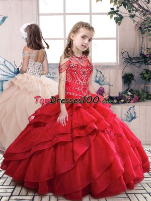 Red Sleeveless Beading and Ruffled Layers Floor Length Little Girls Pageant Dress Wholesale