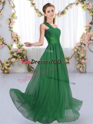 Ruching Dama Dress for Quinceanera Dark Green Lace Up Sleeveless Floor Length