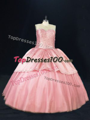 Artistic Pink Ball Gowns Scoop Sleeveless Tulle Floor Length Lace Up Beading Sweet 16 Quinceanera Dress