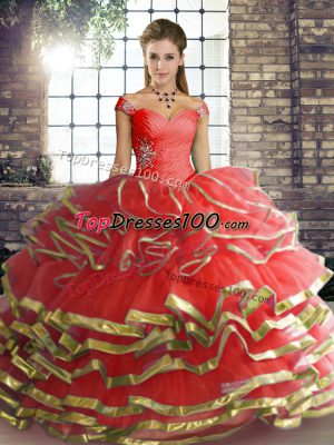 Beading and Ruffled Layers Quinceanera Dresses Coral Red Lace Up Sleeveless Floor Length