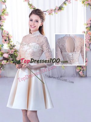 Designer Satin High-neck Half Sleeves Lace Up Lace and Belt Wedding Party Dress in Champagne
