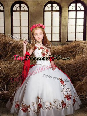 Excellent Off The Shoulder Sleeveless Little Girl Pageant Gowns Floor Length Embroidery White Satin