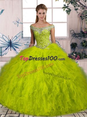 Off The Shoulder Sleeveless Tulle Sweet 16 Dress Beading and Ruffles Brush Train Lace Up
