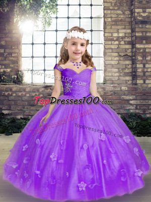 Excellent Lavender Straps Neckline Beading and Hand Made Flower Kids Formal Wear Sleeveless Lace Up