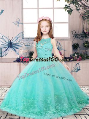High End Aqua Blue Ball Gowns Scoop Sleeveless Tulle Floor Length Backless Lace and Appliques Little Girls Pageant Gowns