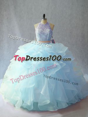 Exceptional Light Blue Two Pieces Organza Scoop Sleeveless Beading and Ruffles Backless 15 Quinceanera Dress Brush Train