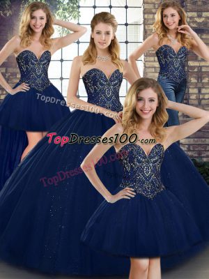 Trendy Navy Blue Ball Gown Prom Dress Military Ball and Sweet 16 and Quinceanera with Beading Sweetheart Sleeveless Lace Up