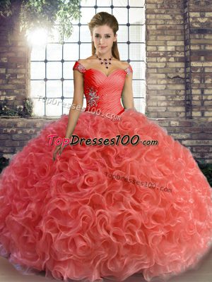 Perfect Watermelon Red Fabric With Rolling Flowers Lace Up Off The Shoulder Sleeveless Floor Length Quinceanera Dresses Beading