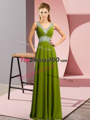 Olive Green Chiffon Lace Up V-neck Sleeveless Floor Length Prom Dresses Beading