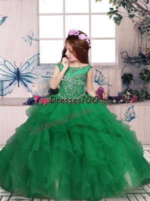 Green Organza Zipper Scoop Sleeveless Floor Length Little Girl Pageant Dress Beading and Ruffles