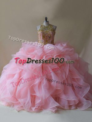 Baby Pink Organza Backless Scoop Sleeveless 15th Birthday Dress Brush Train Beading and Ruffles