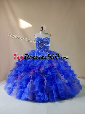 Traditional Ball Gowns Quince Ball Gowns Royal Blue Sweetheart Organza Sleeveless Floor Length Lace Up