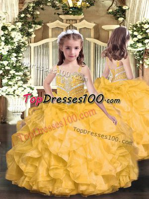 Elegant Sleeveless Organza Floor Length Lace Up Little Girl Pageant Gowns in Gold with Beading and Ruffles