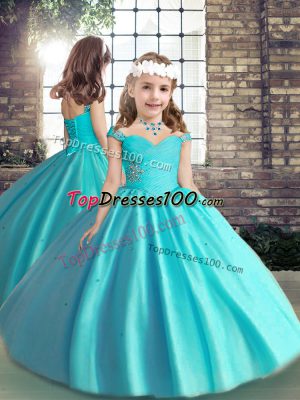 Straps Sleeveless Lace Up Kids Formal Wear Baby Blue Tulle