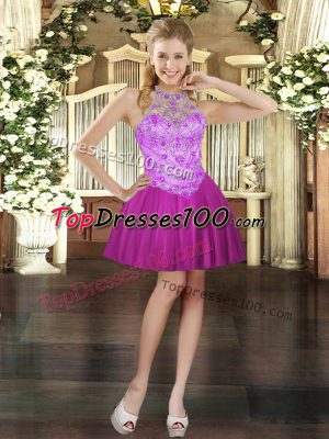 Customized Fuchsia Sleeveless Tulle Lace Up Homecoming Dress for Prom and Party