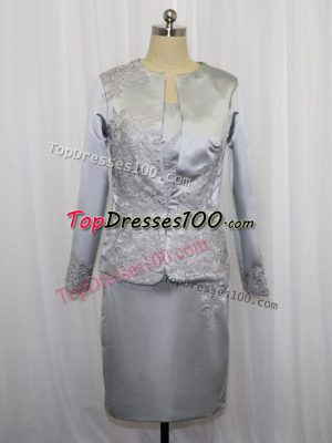 Grey Satin Zipper Square Sleeveless Mini Length Homecoming Dress Lace and Appliques