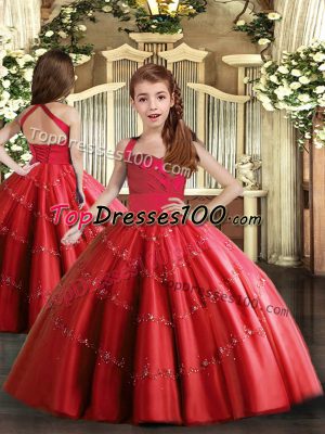 Beading Little Girl Pageant Gowns Red Lace Up Sleeveless Floor Length