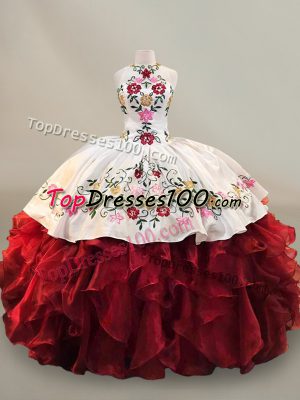 Elegant Red Halter Top Neckline Embroidery and Ruffles Quinceanera Gown Sleeveless Lace Up