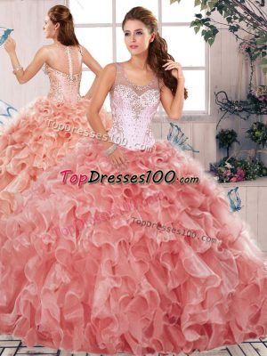 Watermelon Red Ball Gowns Organza Scoop Sleeveless Beading and Ruffles Floor Length Clasp Handle Quince Ball Gowns
