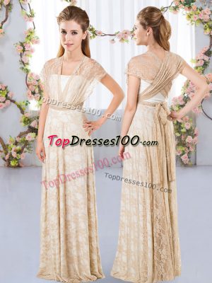 V-neck Short Sleeves Side Zipper Bridesmaids Dress Champagne Lace