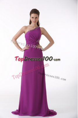 Colorful One Shoulder Sleeveless Prom Gown Brush Train Beading and Ruching Fuchsia Chiffon