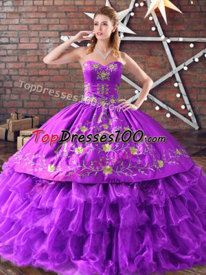 Fashion Sweetheart Sleeveless Quince Ball Gowns Floor Length Embroidery and Ruffled Layers Purple Satin and Organza