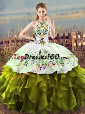 Ball Gowns Sweet 16 Dress Olive Green Halter Top Organza Sleeveless Floor Length Lace Up