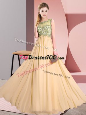 Cute Peach Empire Beading and Appliques Wedding Guest Dresses Backless Chiffon Sleeveless Floor Length
