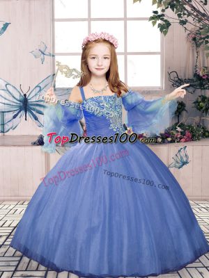 Straps Sleeveless Kids Formal Wear Floor Length Beading Purple Tulle