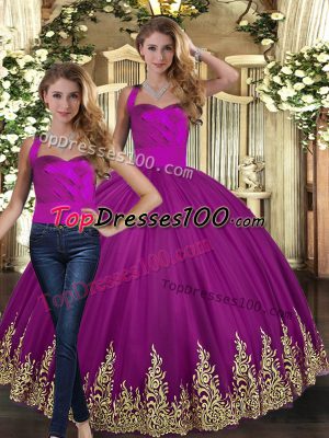 Tulle Halter Top Sleeveless Lace Up Embroidery Sweet 16 Dresses in Fuchsia