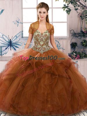 Brown Ball Gowns Off The Shoulder Sleeveless Tulle Floor Length Lace Up Beading and Ruffles Vestidos de Quinceanera