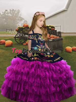 Adorable Floor Length Fuchsia Kids Pageant Dress Straps Sleeveless Lace Up