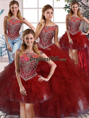 Pretty Sleeveless Organza Floor Length Zipper Quinceanera Gown in Burgundy with Beading and Ruffles