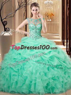 Beading and Ruffles Quinceanera Gown Apple Green Lace Up Sleeveless Floor Length