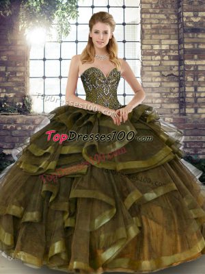 Floor Length Olive Green Quinceanera Dress Tulle Sleeveless Beading and Ruffles