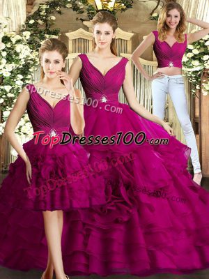 Chic Fuchsia Sleeveless Beading and Ruffles Floor Length Quinceanera Dress